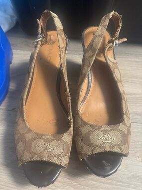 Coach Tan Signature Canvas Peep-Toe Slingback Heels